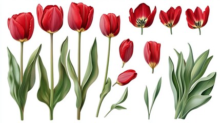 Set of red tulip flowers and leaves isolated on a white background,