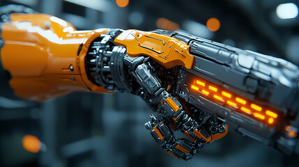 A close-up of a robotic arm with an orange exterior and intricate mechanical details, featuring glowing elements and advanced technology.