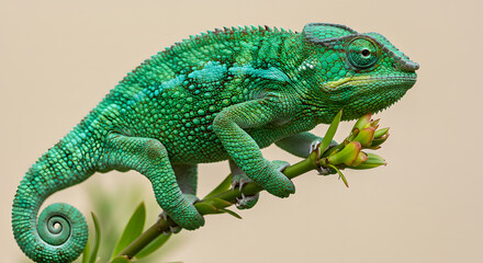 Fototapeta premium Green Chameleon on Branch with Leaves and Buds Closeup