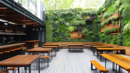 Fototapeta premium Lush vertical garden wall covered in ferns, ivy, and tropical foliage in an urban outdoor space.