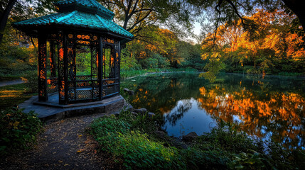 Serene gazebo by a tranquil pond surrounded by autumn foliage reflecting in the water