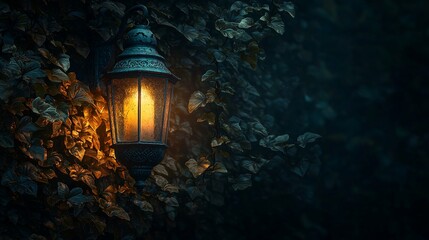 Glowing lantern on ivy wall, night scene