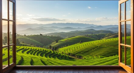 Fototapeta premium Rice Terraces View Through Open Window Offers Tranquil Escape