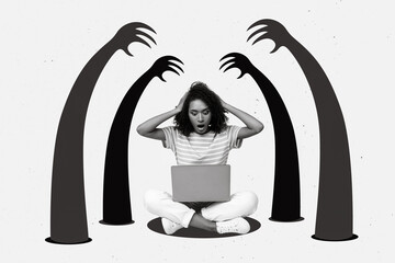 Creative photo 3d collage artwork poster picture of worried nervous lady impressed amount of task to study isolated on painting background