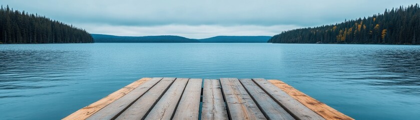Serene Wooden Dock Overlooking Calm Lake Surrounded by Lush Green Trees Under Soft Cloudy Sky in Remote Nature Landscape