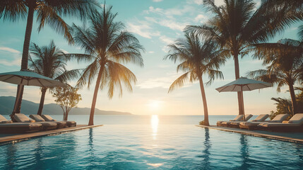 Fototapeta premium Luxury Tropical Beach Resort: Sunset, Ocean, and Infinity Pool