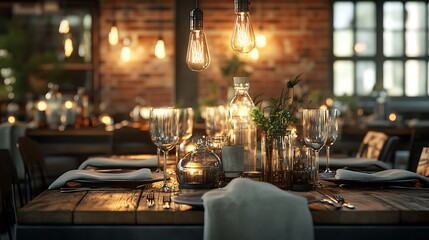 A raw yet elegant industrial table setting with a steel and wood table, Edison bulbs glowing warmly, rustic brick walls in the background, accented with soft fabric napkins and glass decor,