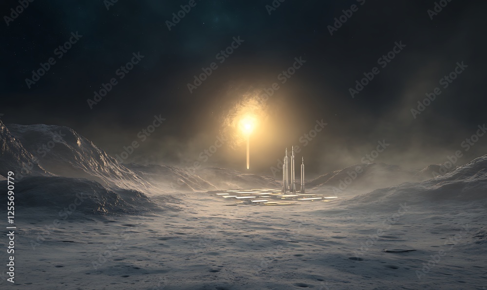 Aufkleber a mysterious extraterrestrial landscape illuminated by a bright light, featuring rocky terrain and g