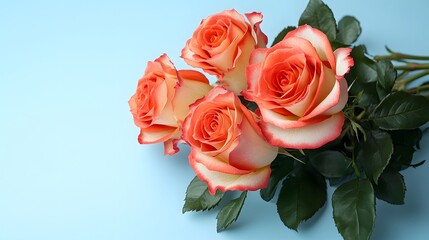 Fototapeta premium Flat lay of assorted vibrant rose flowers on a soft blue background for floral arrangement design