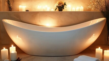 Luxury bathroom with a freestanding bathtub, marble countertops, and scented candles on the vanity.