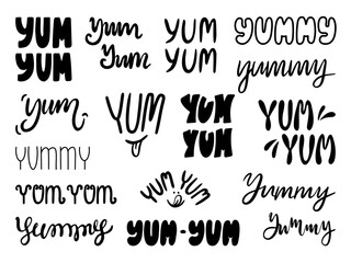 Yum yum lettering. Black yum tasting hand drawn text. Doodle tasty words and inscription for delicious food banners, stickers design, neoteric vector set