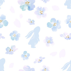 Easter pattern with watercolor bunnies and flowers texture. Seamless vector background for design and print © Nadiia