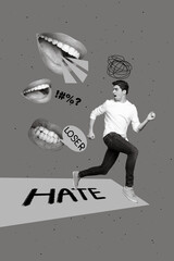 Vertical collage picture of black white gamma mini guy running away talking hateful mouth isolated...