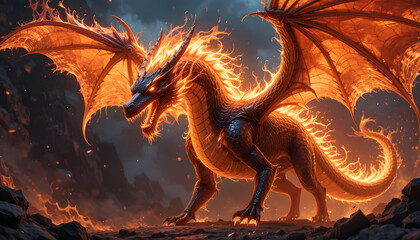 Fiery dragon amidst volcanic rocks