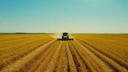 Aerial view of a combine harvester cutting through a golden wheat field under a clear blue sky, leaving neat rows of stubble behind.