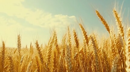 Fototapeta premium Aerial view of a golden wheat field under a clear blue sky, showcasing the abundance of a successful harvest.