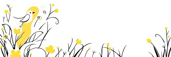 Naklejka premium Yellow Bird in Floral Garden Spring Nature Illustration Minimalist Design