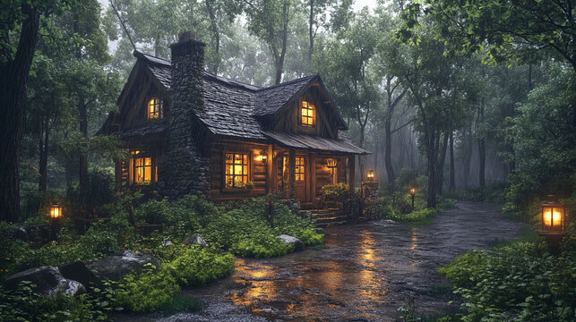 Enchanting Log Cabin in Rainy Forest at Night Cozy Illuminated Cottage