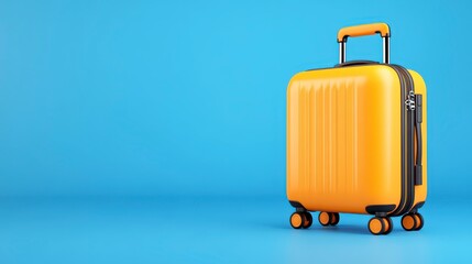 Bright yellow suitcase on a light blue background, studio shot.