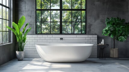 Fototapeta premium Minimalist bathroom with clean white tiles, a modern vanity, and subtle greenery for freshness.