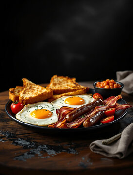 A delicious Breakfast Plate with cooked Eggs, crispy Bacon, and warm Toast for a perfect meal
