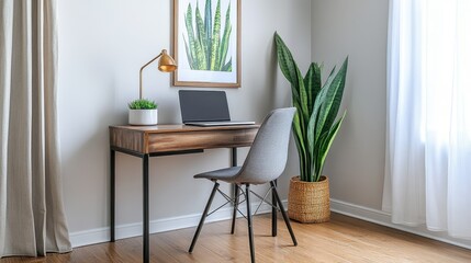 Fototapeta premium Minimalist home office with a sleek desk, ergonomic chair, and a potted plant for a fresh, clean look.