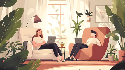 Couple working remotely in a cozy living room with a laptop and decorative tulips on a coffee table