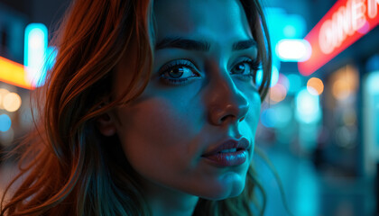 Fototapeta premium Young Woman s Face Lit by Vibrant Neon City Lights at Night
