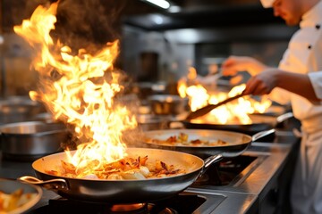 Culinary expert showcases fire techniques while preparing gourmet dishes in a modern kitchen