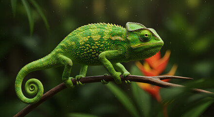 Obraz premium Green Chameleon on Branch with Spiky Leaves and Colorful Flower