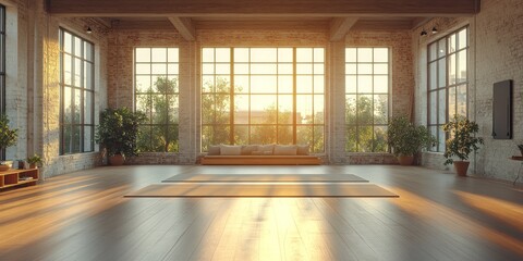 Fototapeta premium Serene Sunrise Yoga Studio: Sunlit Loft Space with Floor-to-Ceiling Windows