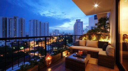 Modern balcony with a stylish seating area, cozy cushions, and a stunning city view.