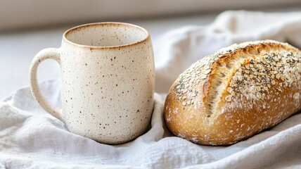 Rustic mug and loaf of bread on white cloth, representing simplicity comfort
