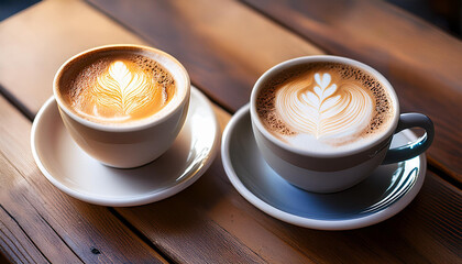 two cups of aromatic coffee cappuccino or latte on a wooden table tasty morning drinks