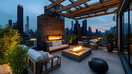 Fototapeta premium Modern Rooftop Design with Cityscape Views and Fireplace