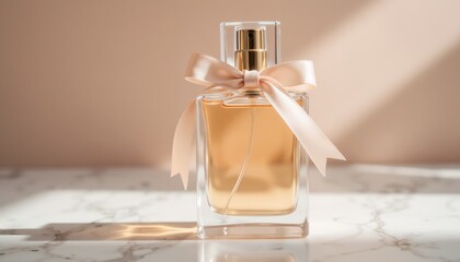 Elegant perfume bottle with ribbon on marble surface in soft lighting for March 8 gifts