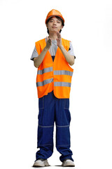 A construction worker guy, on a white background, in full height, claps his hands