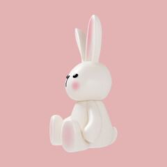 3D rabbit with long ears and paws, Easter bunny isolated on pink background. Cute spring decoration and holiday symbol for festive projects, greeting cards, and Easter design