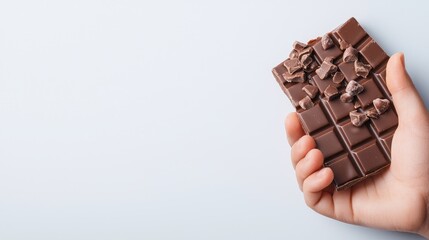 Child's hand holding milk chocolate bar, white background