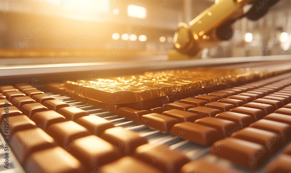 Poster A close-up of automated machinery in a factory, precisely applying a glossy coating to chocolate bars on a conveyor belt, with warm lighting enhancing the scene.