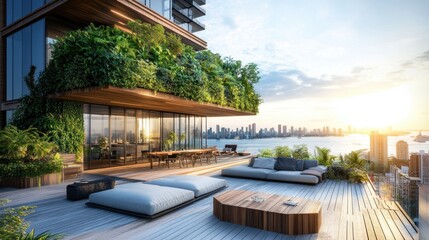 Modern rooftop garden featuring an eco-friendly vertical plant installation.
