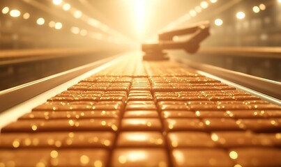 A glowing corridor filled with golden bars, illuminated by warm light, suggests themes of wealth, technology, and industry.