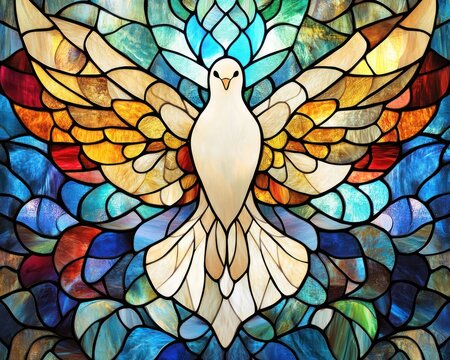 A dove symbolizes the Holy Spirit, representing peace and spirituality in a vibrant stained glass artwork
