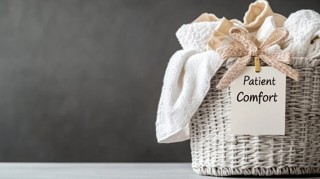 Basket with towels and "Patient Comfort" note on clothespin, promoting care