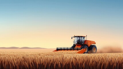 Obraz premium Modern Tractor Harvesting Wheat in Golden Field Under Clear Blue Sky at Sunset