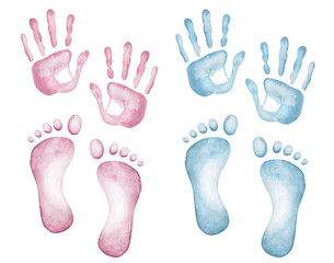 Watercolor illustration. Hand painted blue and pink handprint and footprint of people. Man and woman. Girl and boy. Children prints. Palm with fingers. Foot with toes. Body parts. Isolated clip art