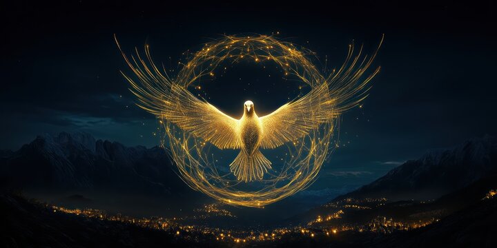 A glowing dove ascends against a dark, starry backdrop, embodying peace, spiritual awakening, and connection with God during significant Christian events - Powered by Adobe