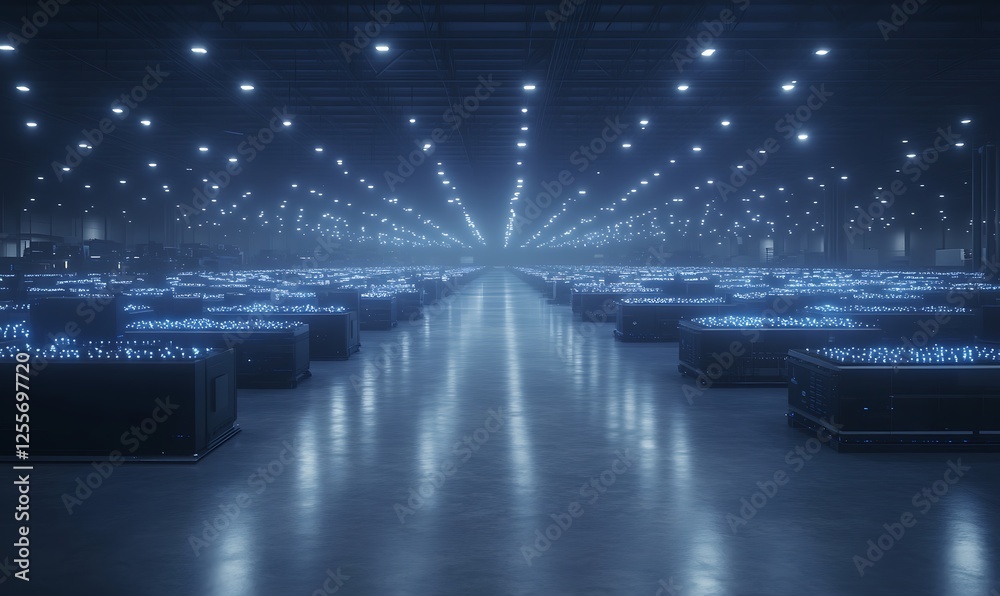 Aufkleber a dimly lit industrial space filled with rows of glowing blue lights, creating a futuristic and myst