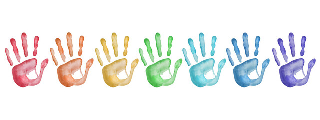 Watercolor illustration. Hand painted set of colorful human hand prints in rainbow colors. Palms of man and woman, girl and boy. Children handprints. Isolated clip art. People body part