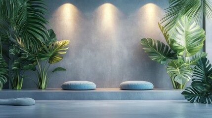 Peaceful indoor meditation corner with soft lighting, cozy cushions, and large leafy plants.